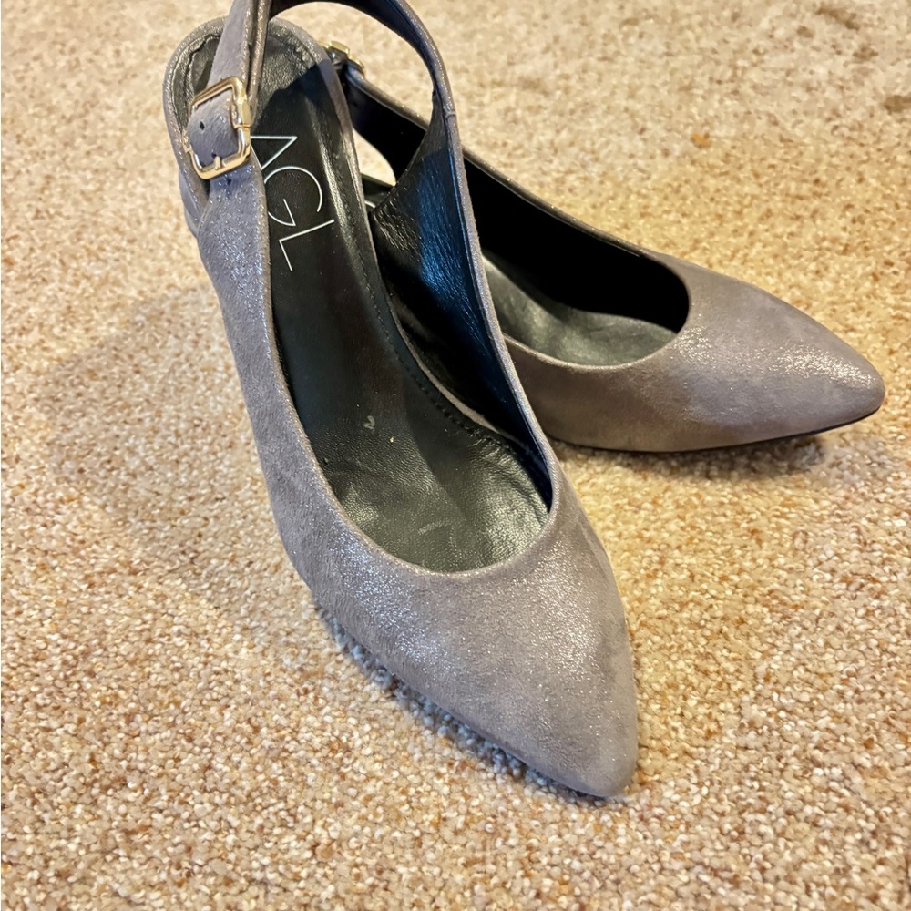 AGL Gray Pumps Buckle Block Heel Women's Shoes Size 36.5